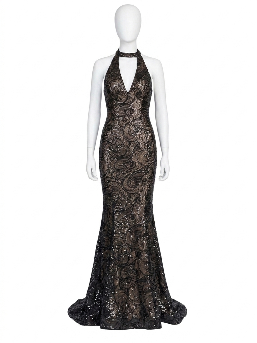 NEW CLARISSE halter v-neck sequin maxi dress in black/nude